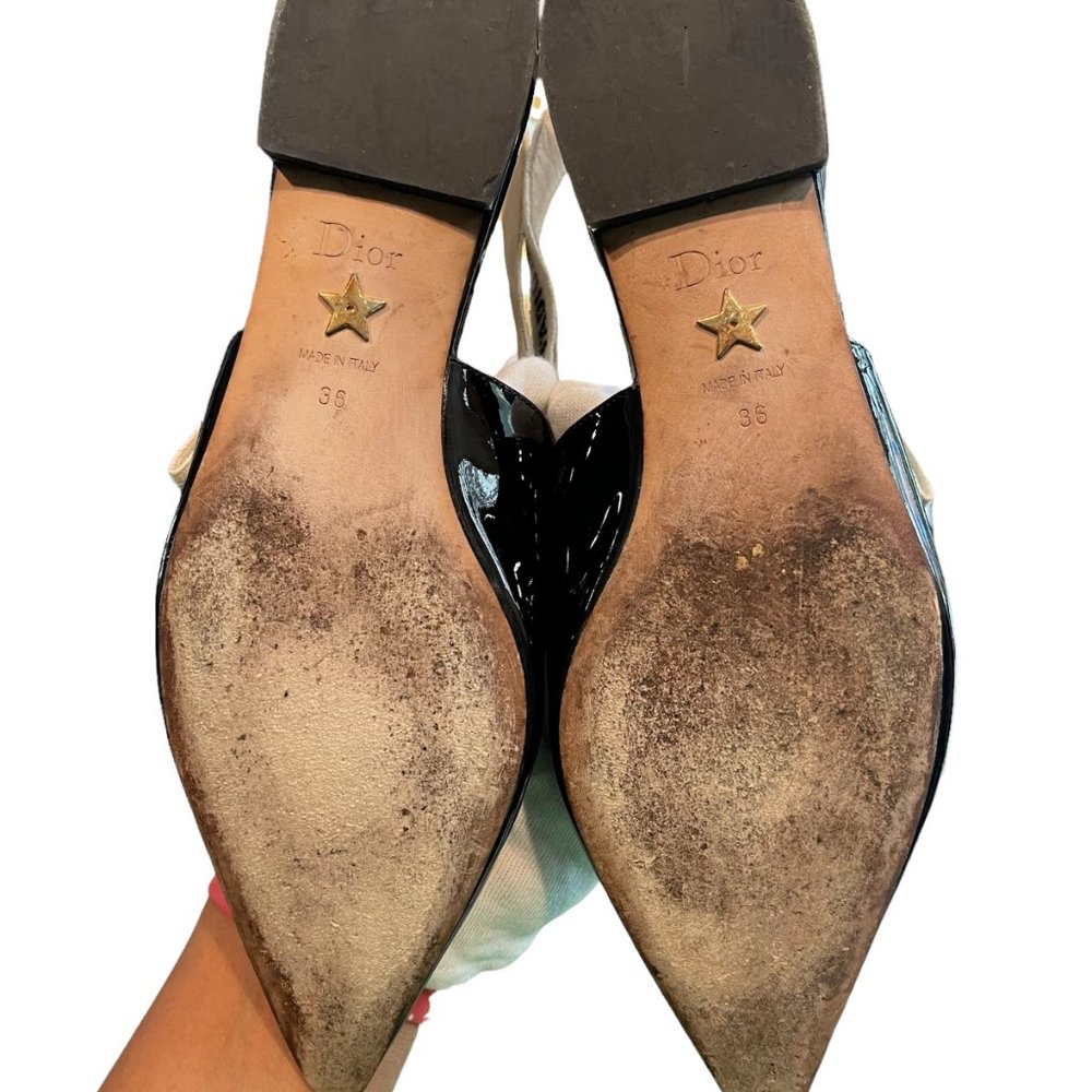 CHRISTIAN DIOR J'adior 100mm Black White Ribbon Patent Leather Slingback Flat 36 - Picture 9 of 11